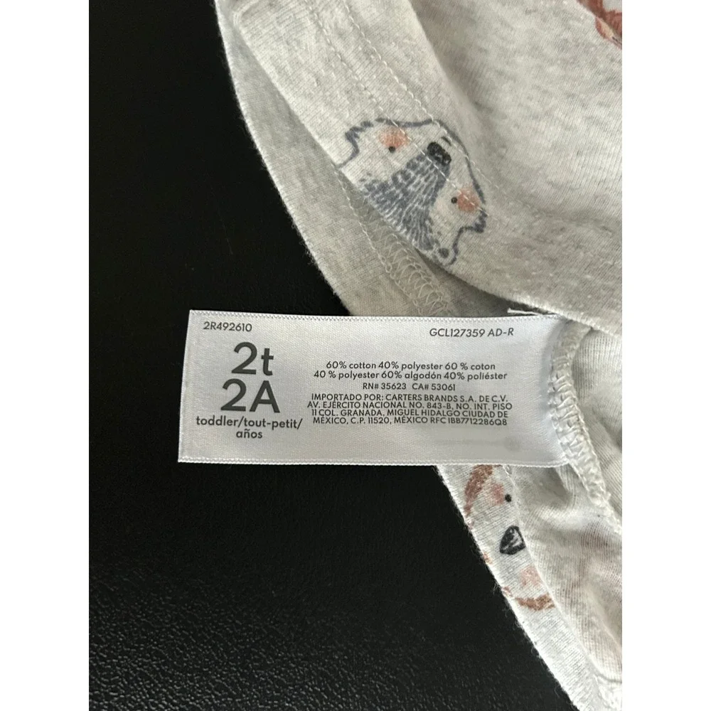 Carters Toddler 2T Gray Woodland Animal Fox Bear Owl Long Sleeve Pajama Top 1484